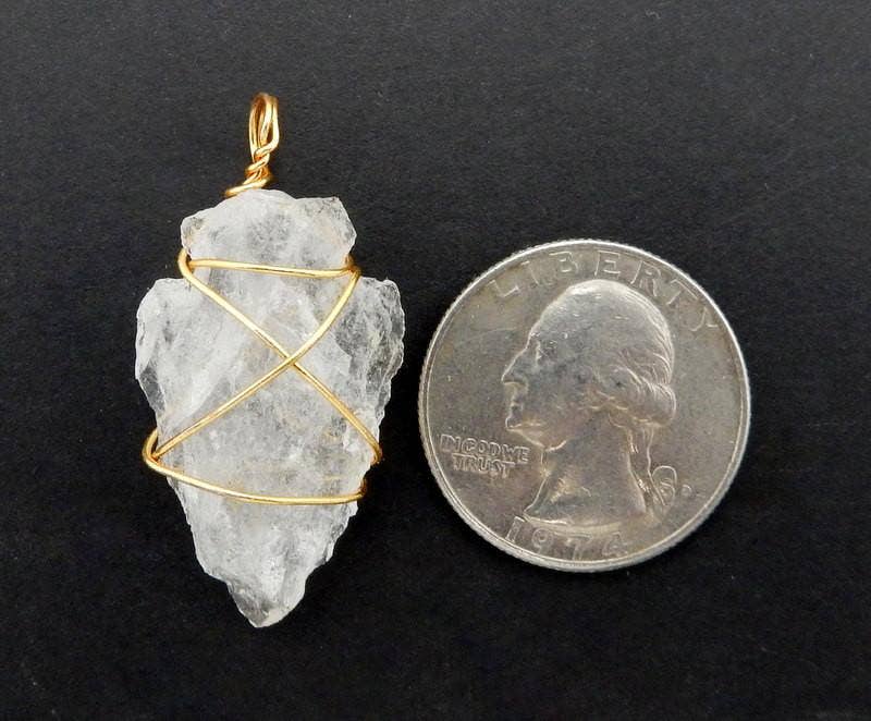 Crystal Quartz Arrowhead Pendant Wire Wrapped Gold Tone Arro: 1