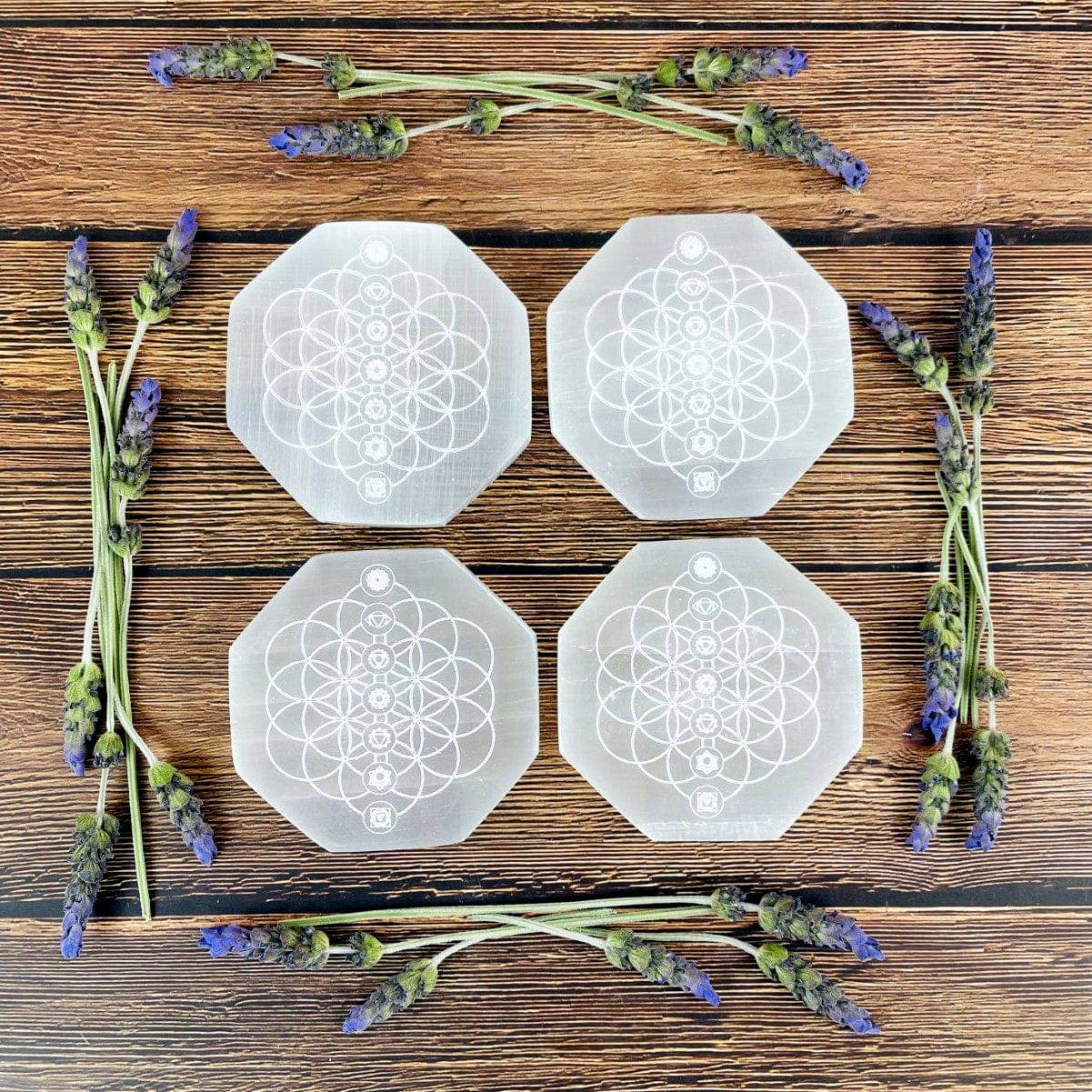 Crystal Selenite Hexagon Charging Plate with Chakra Symbols