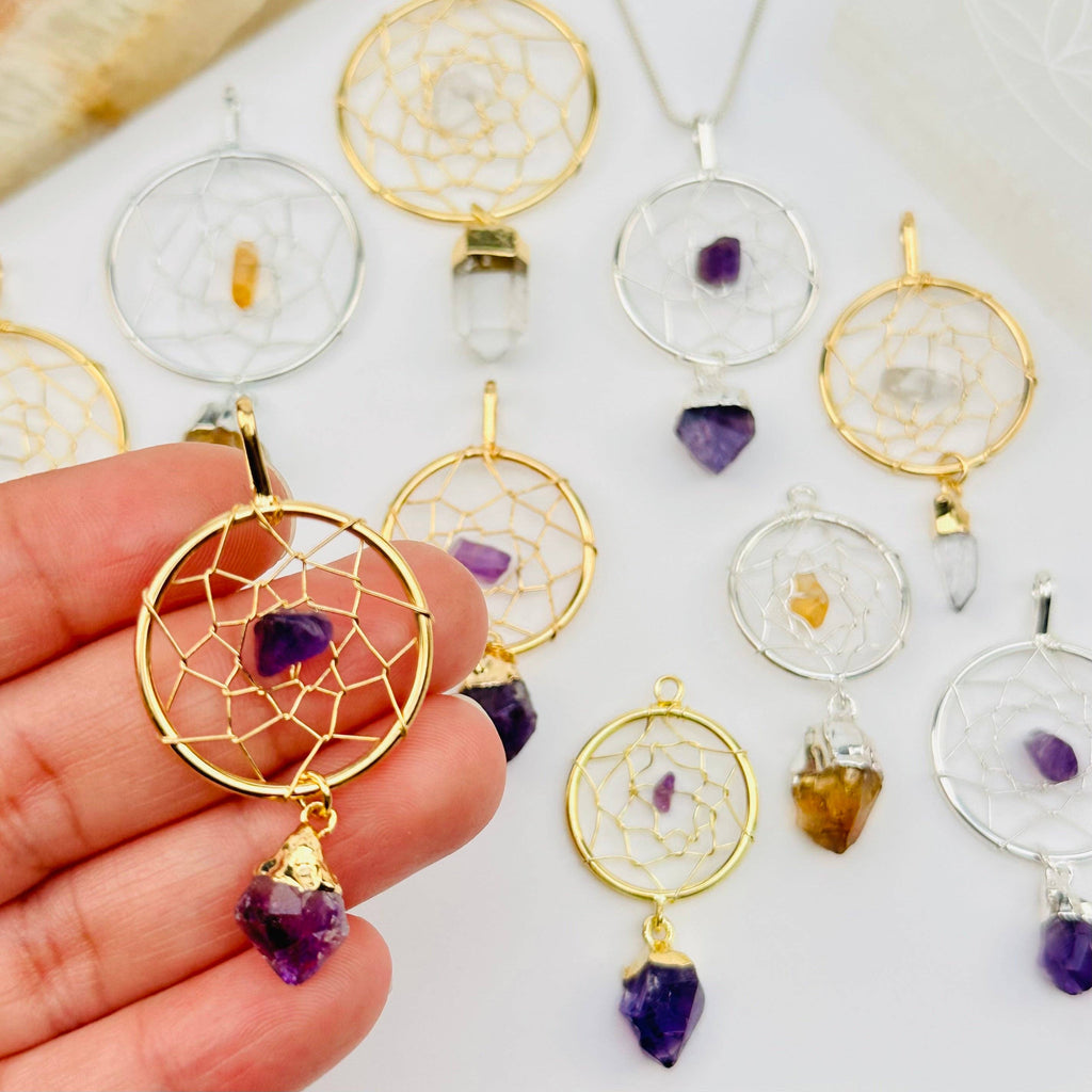 Dream Catcher Pendant with Crystal Point: Amethyst