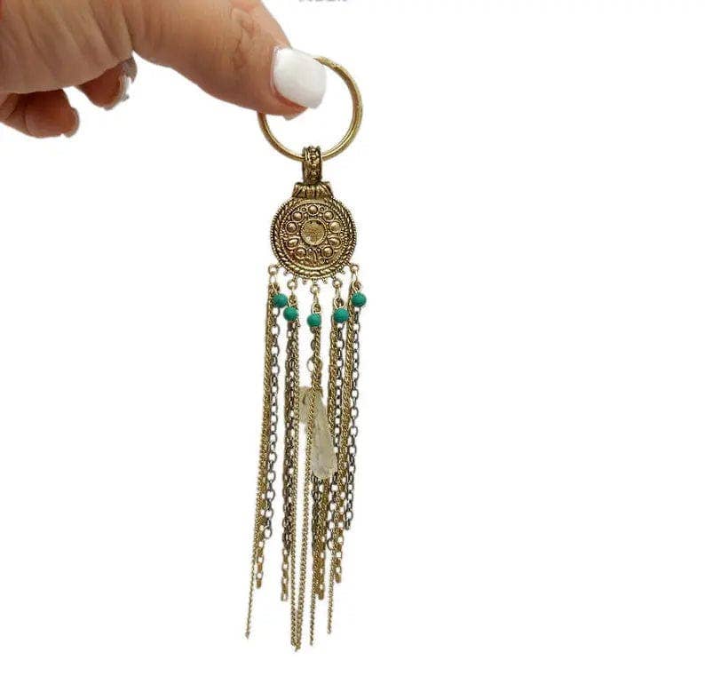 Crystal Keychain with Quartz and Turquoise Howlite: Silver Tone