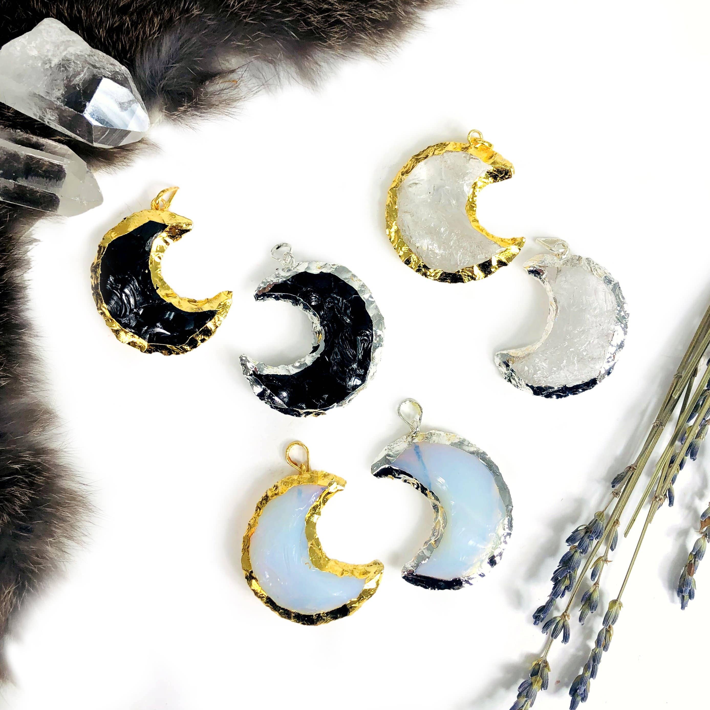 Gemstone Moon Pendants with Electroplated 24k Gold/Silver Edge and Bail (S49B6): Opalite / Gold