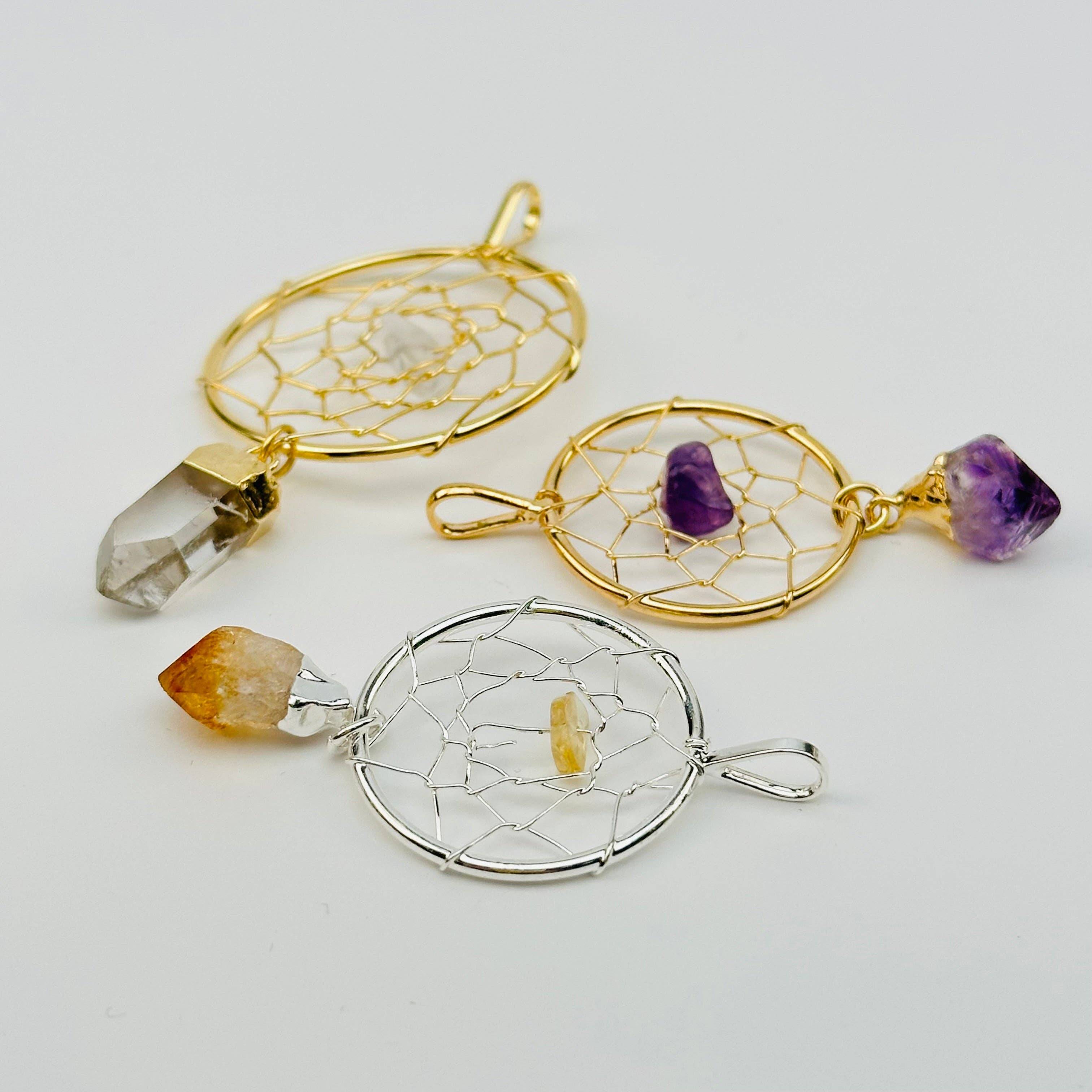 Dream Catcher Pendant with Crystal Point: Amethyst