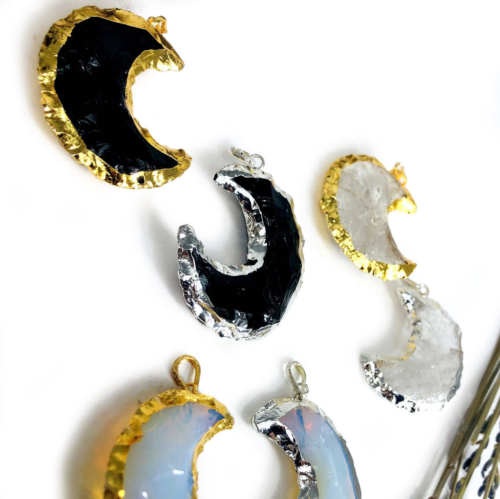 Gemstone Moon Pendants with Electroplated 24k Gold/Silver Edge and Bail (S49B6): Opalite / Gold