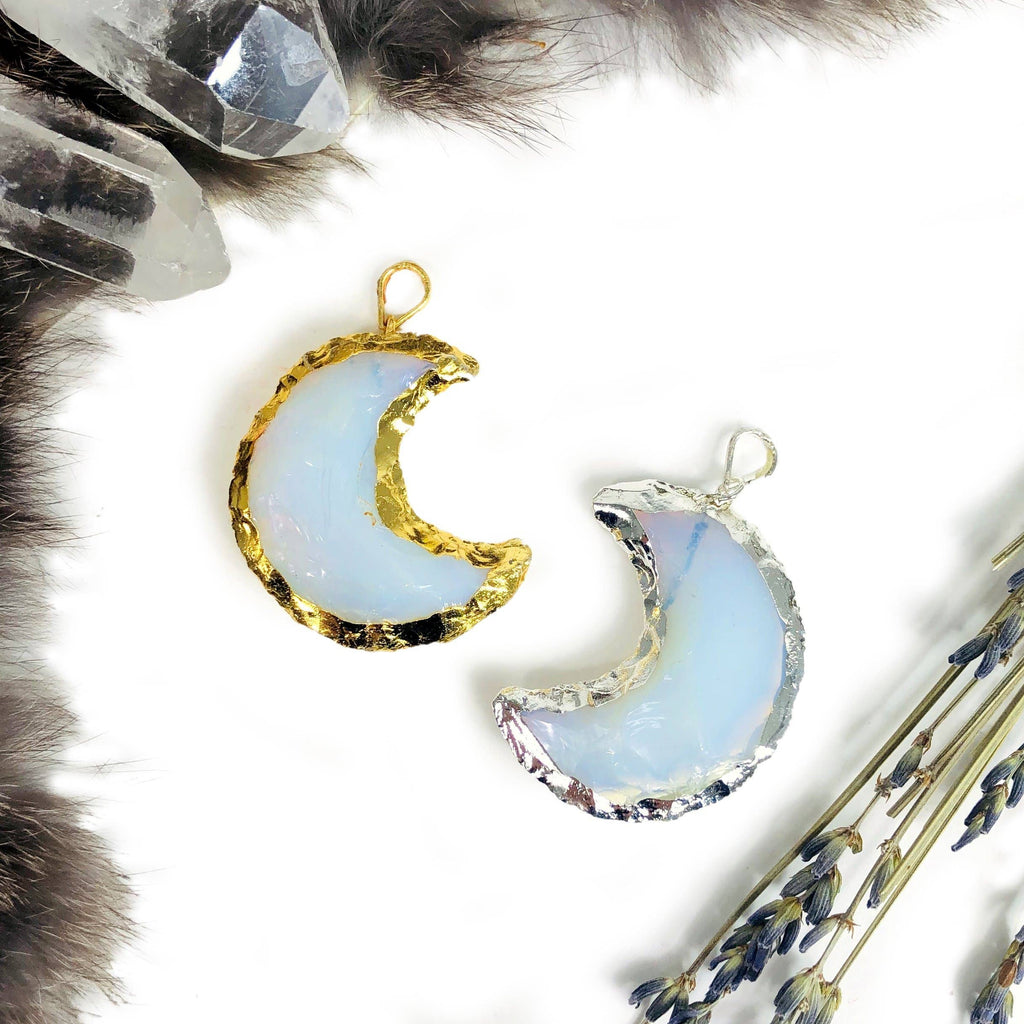 Gemstone Moon Pendants with Electroplated 24k Gold/Silver Edge and Bail (S49B6): Opalite / Gold