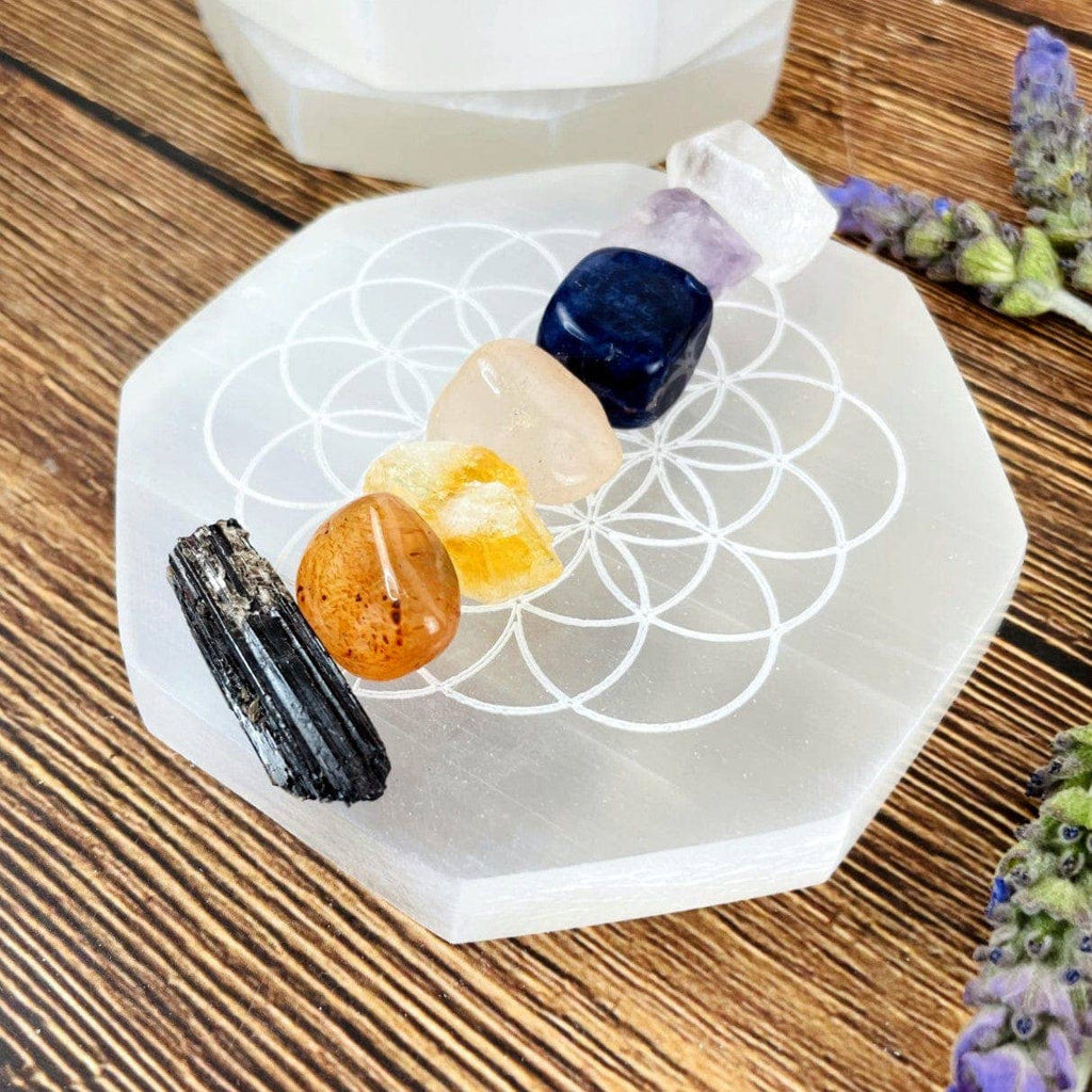 Crystal Selenite Hexagon Charging Plate with Chakra Symbols