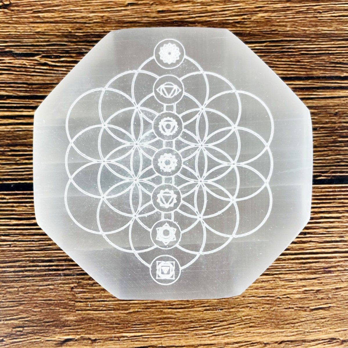 Crystal Selenite Hexagon Charging Plate with Chakra Symbols