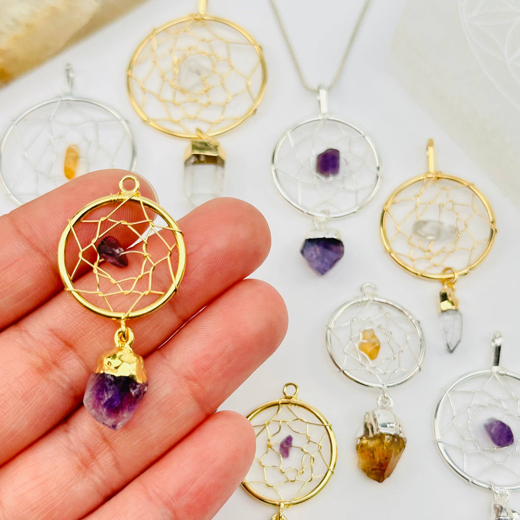 Dream Catcher Pendant with Crystal Point: Amethyst