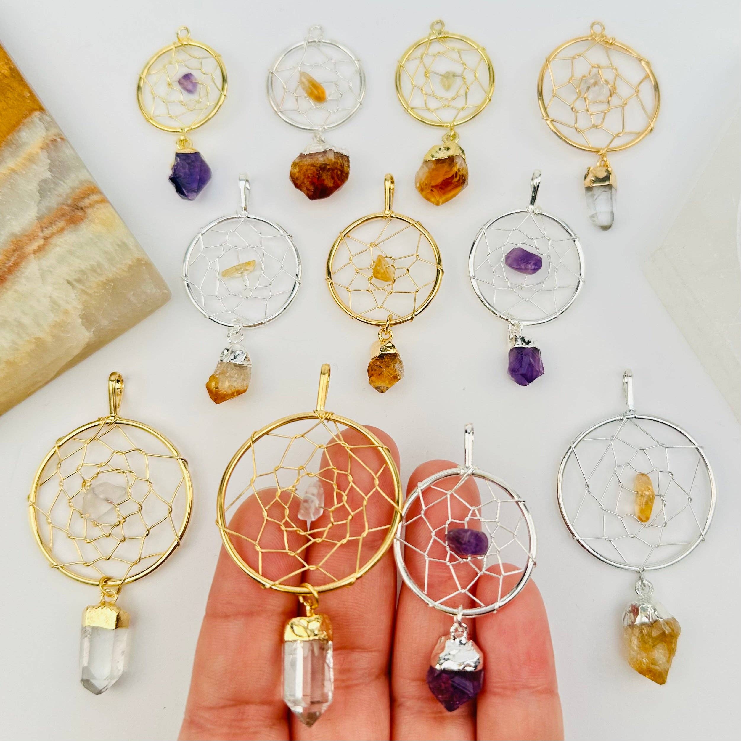 Dream Catcher Pendant with Crystal Point: Amethyst