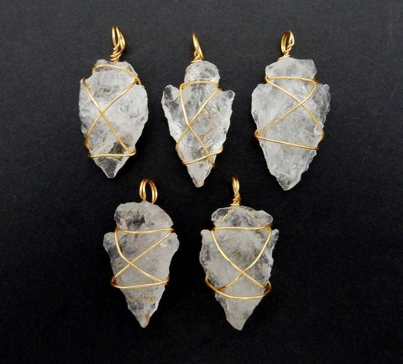 Crystal Quartz Arrowhead Pendant Wire Wrapped Gold Tone Arro: 1