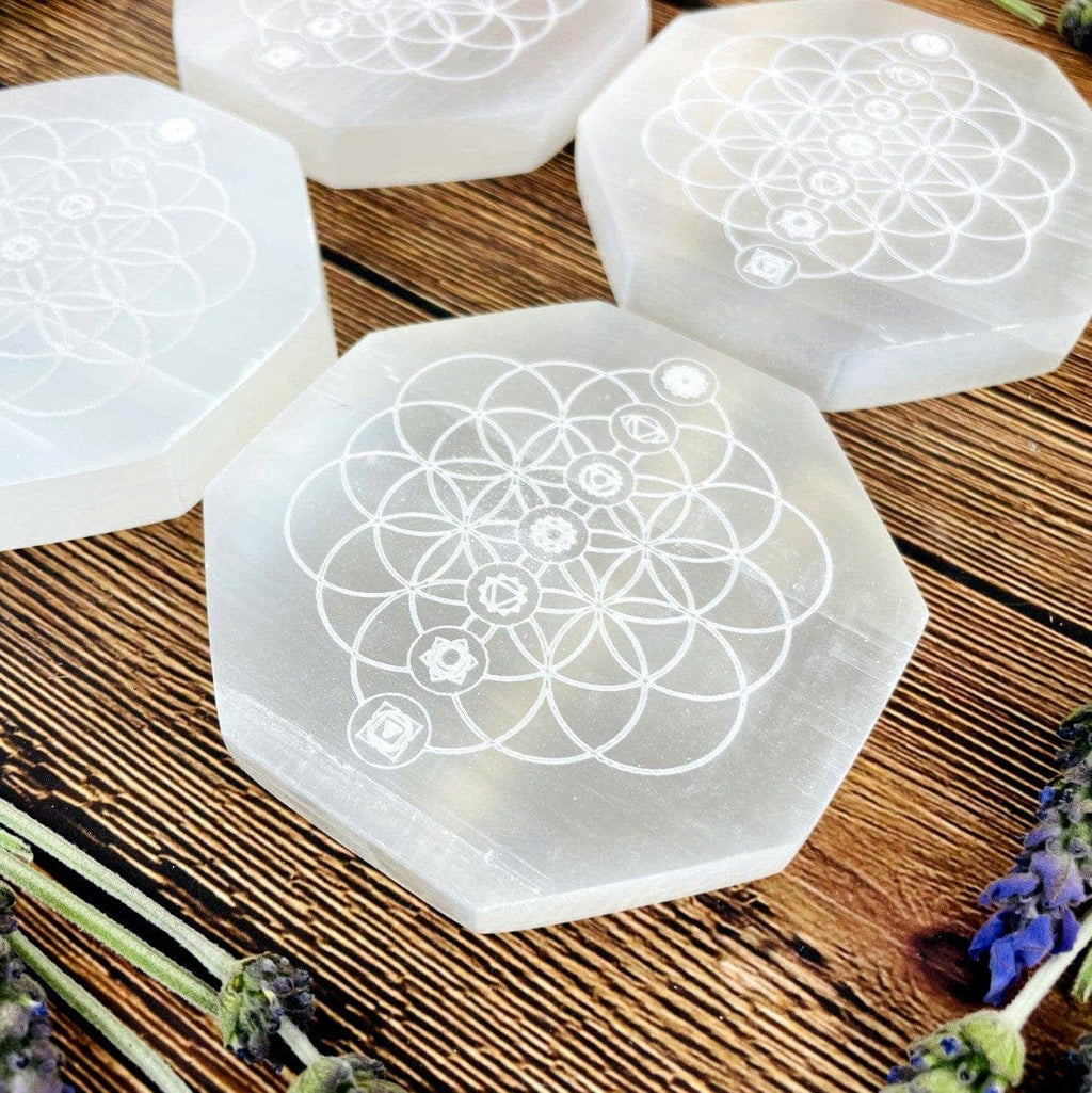Crystal Selenite Hexagon Charging Plate with Chakra Symbols