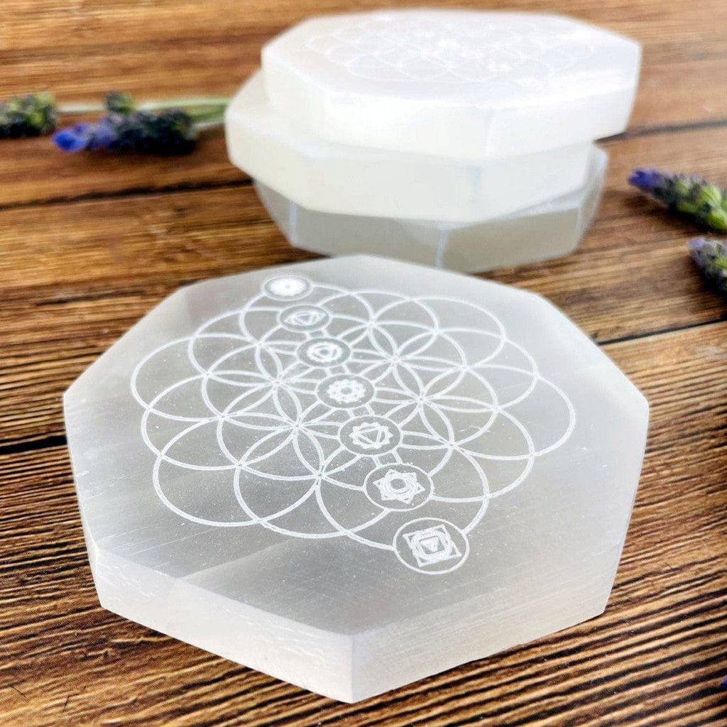 Crystal Selenite Hexagon Charging Plate with Chakra Symbols