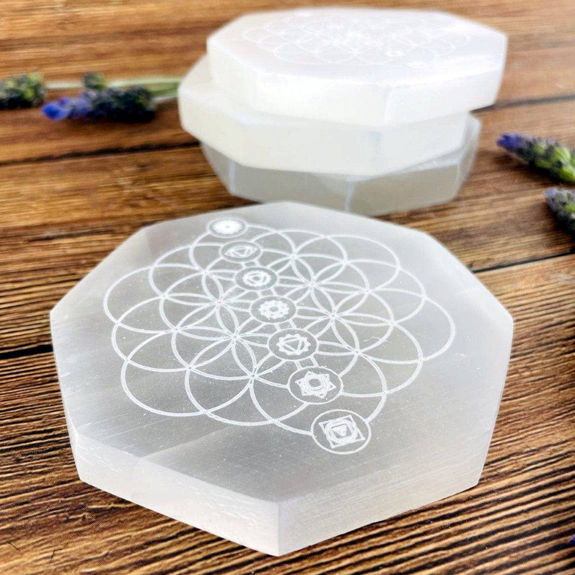 Crystal Selenite Hexagon Charging Plate with Chakra Symbols