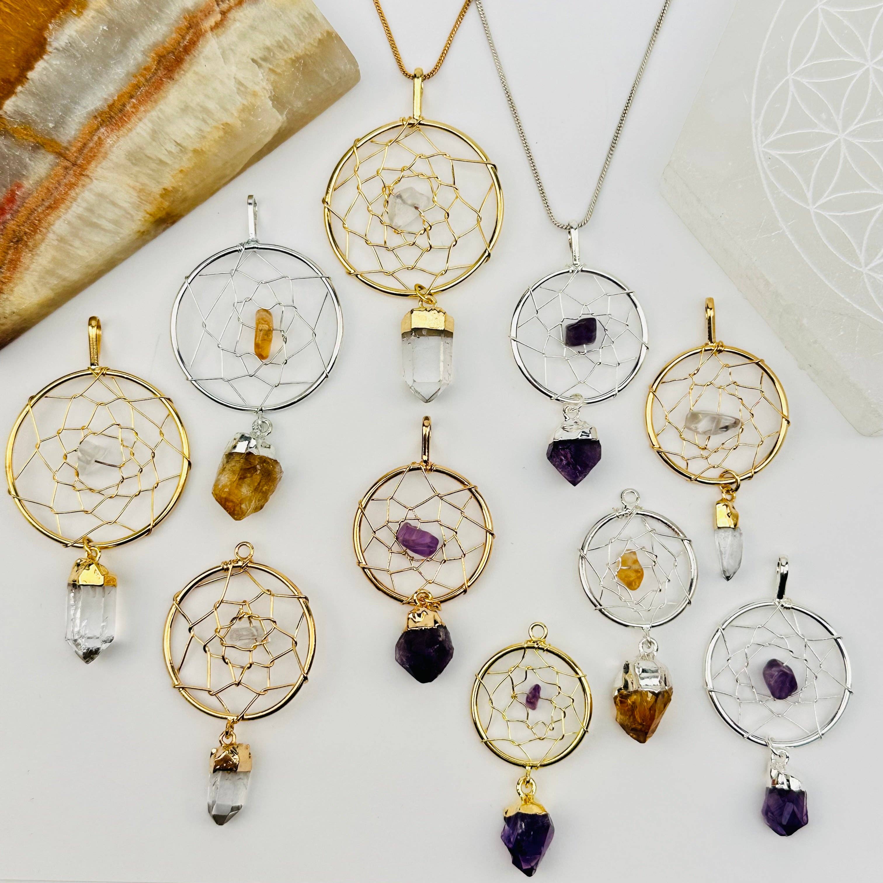 Dream Catcher Pendant with Crystal Point: Amethyst