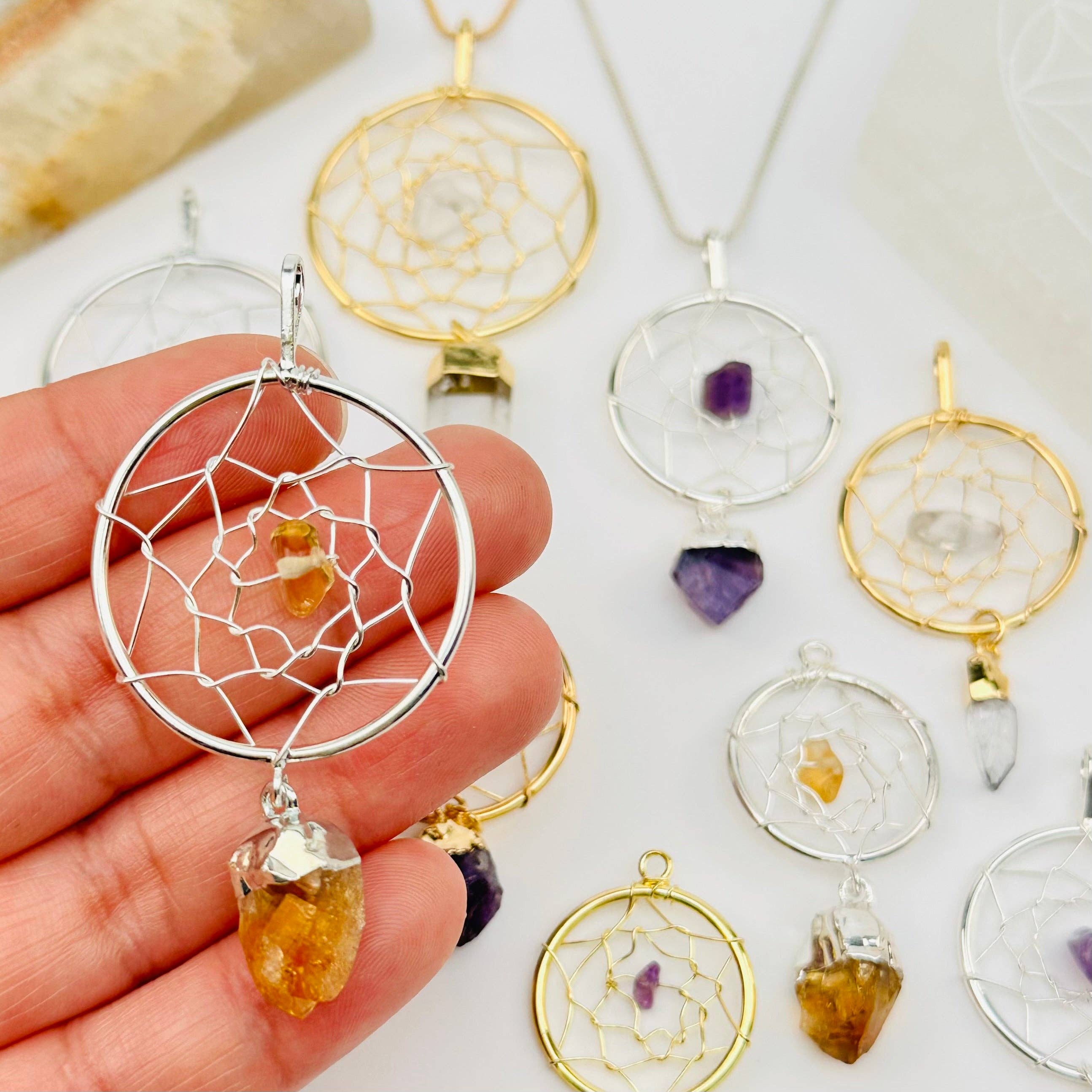 Dream Catcher Pendant with Crystal Point: Amethyst