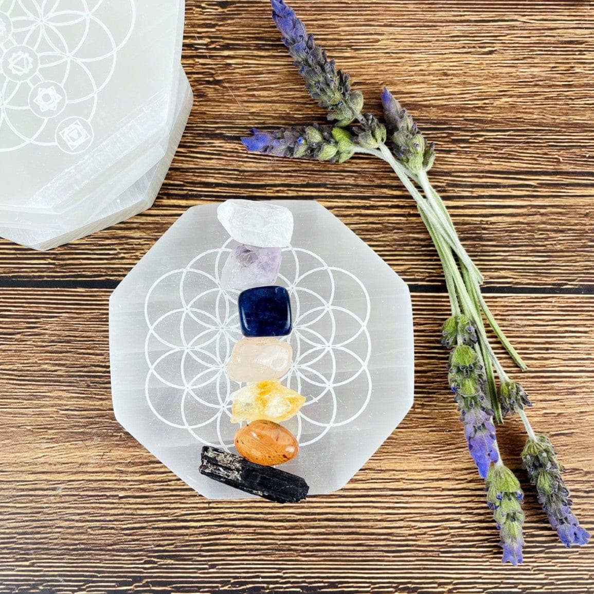Crystal Selenite Hexagon Charging Plate with Chakra Symbols