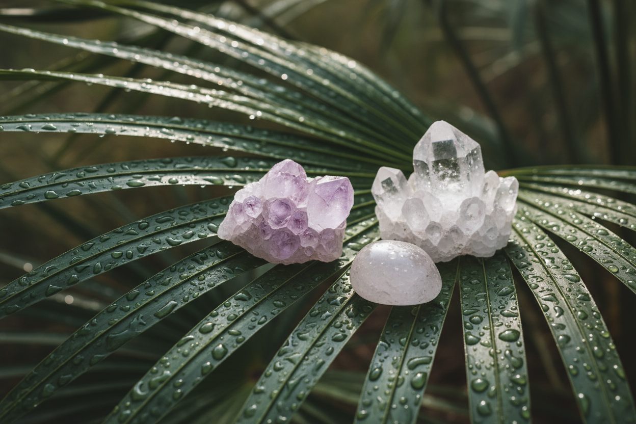 give me a picture of wet palms leaves and large crystals on top of them