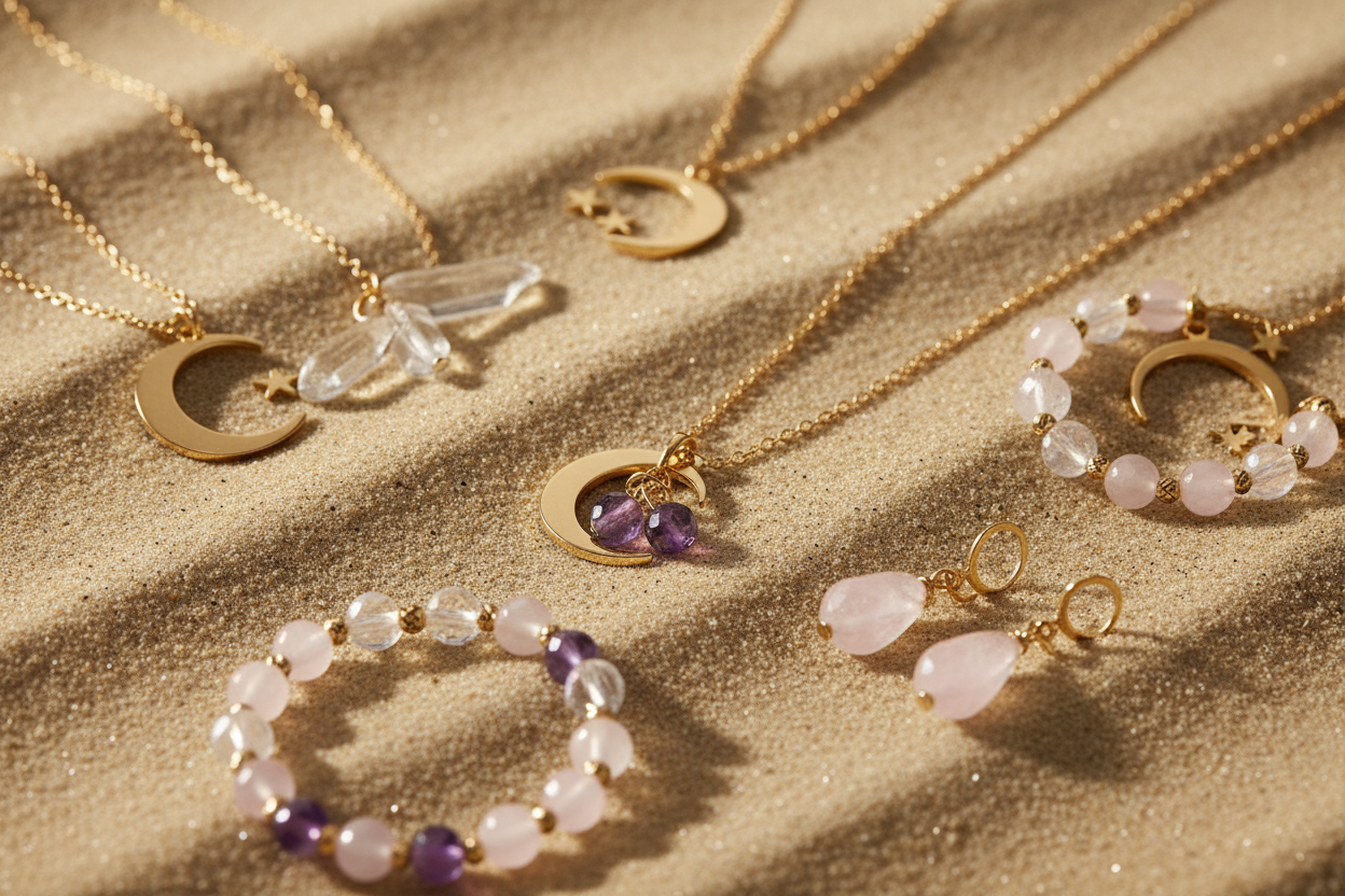 make me a photo for my shop page showing crystal jewelry laying in beach sand 